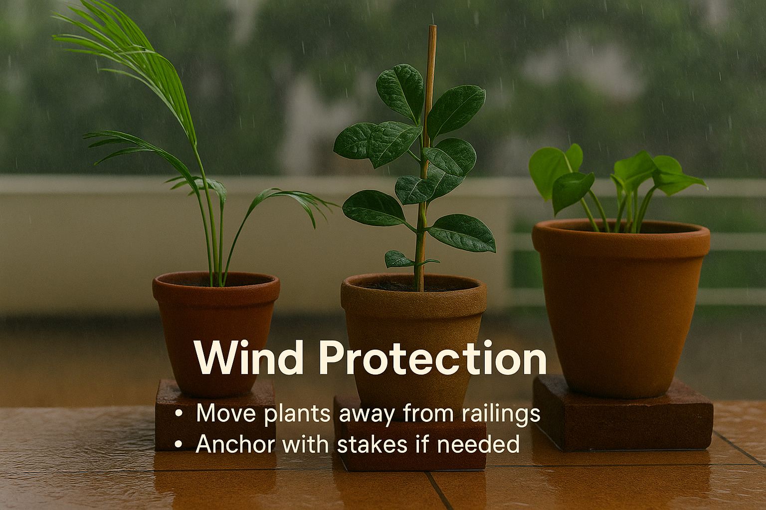 Wind protection tips for balcony plants during monsoon – use stakes, move pots away from railings on a rainy Indian apartment balcony